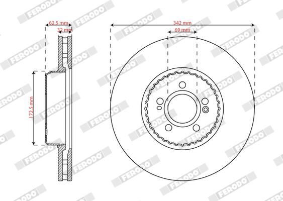 FRONT DISC 342MM CROSS DRILLED FERODO MERC