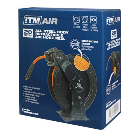 ITM STEEL RETRACTABLE AIR HOSE REEL, 10MM X 20M HYBRID POLYMER AIR HOSE WITH 1/4" BSP MALE FITTINGS