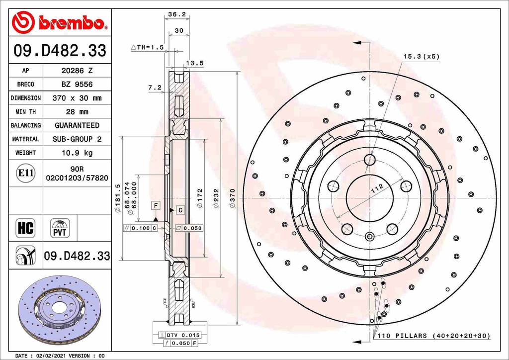 REAR DISC 370MM XDRILLED BREMBO VAG