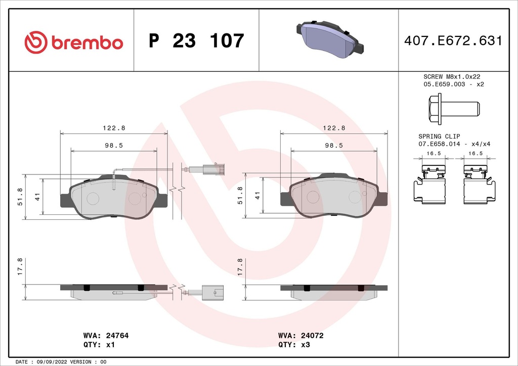 PADS FRONT W/SENSOR BREMBO FIAT