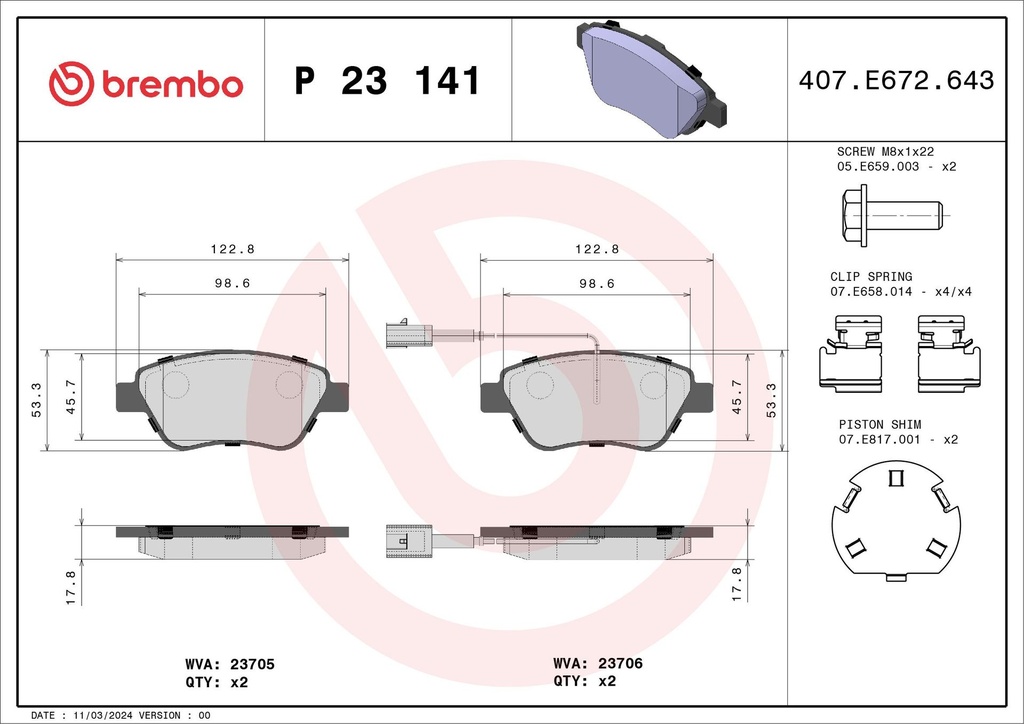 PADS FRONT W/SENSORS BREMBO ALFA FIAT