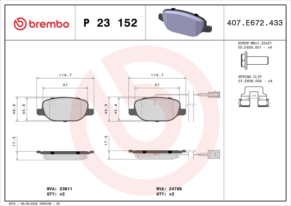 PADS REAR W/SENSOR BREMBO ALFA