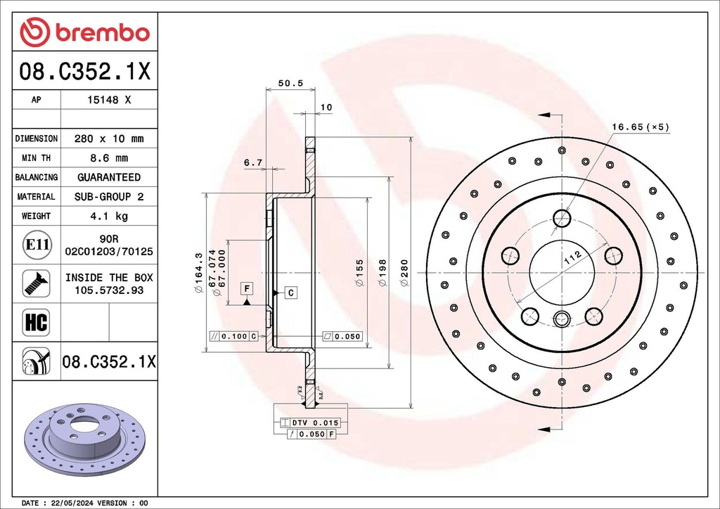 REAR DISC XDRILLED 280MM BREMBO BMW