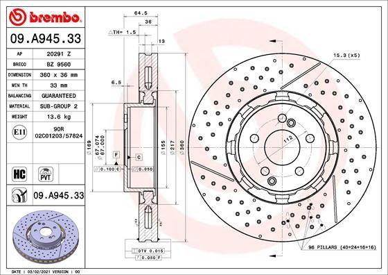 BRAKE DISC FRONT 360MM BREMBO MERC (CROSS DRILLED - SLOTTED)