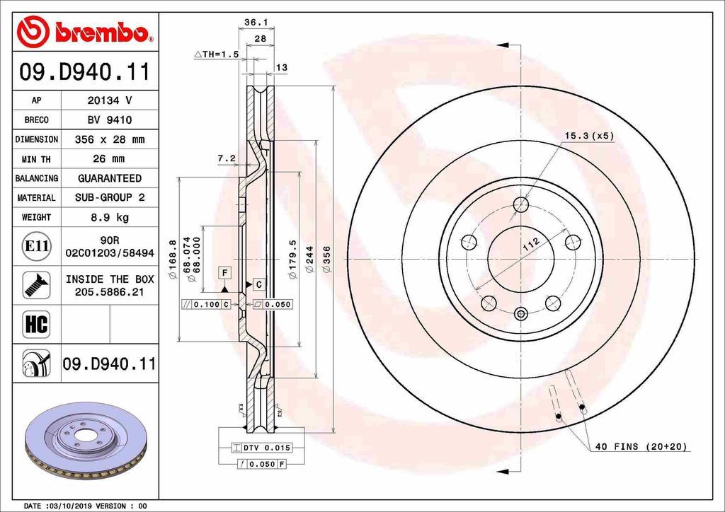 BRAKE DISC REAR 356MM BREMBO PORSCHE