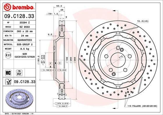 BRAKE DISC REAR 360MM BREMBO MERC (CROSS DRILLED - SLOTTED)