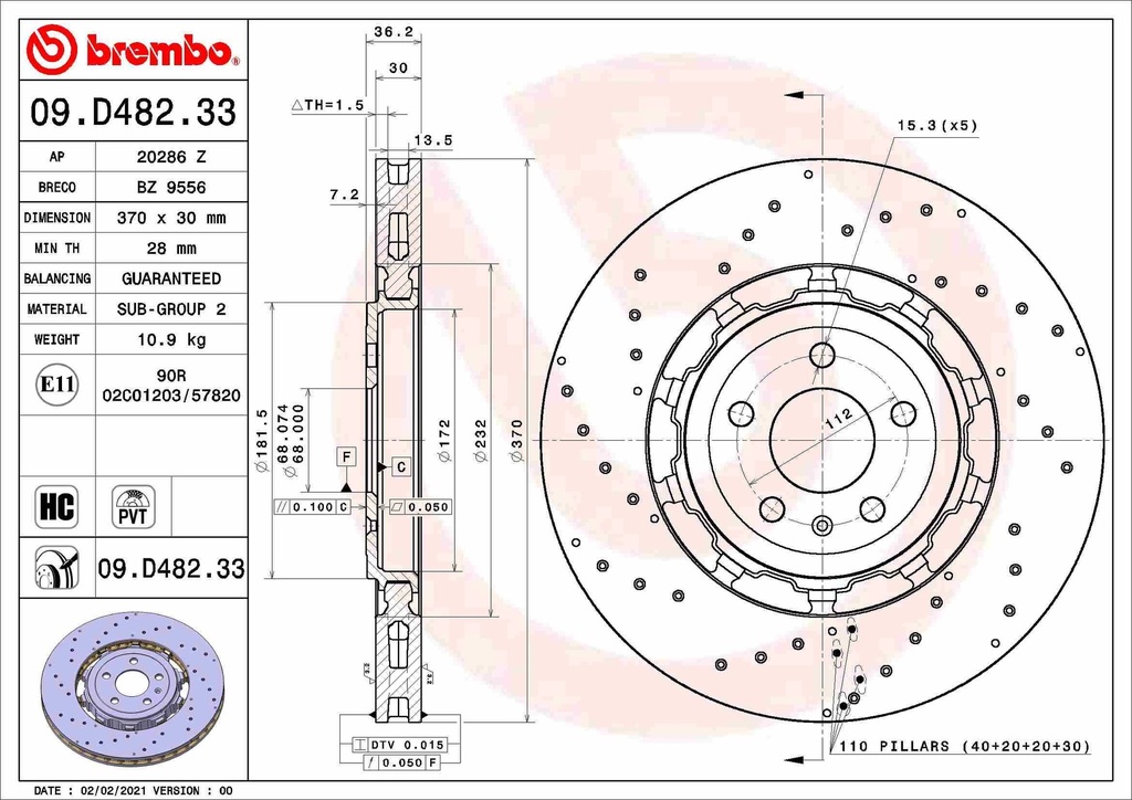 REAR DISC 370MM CROSS DRILLED BREMBO VAG