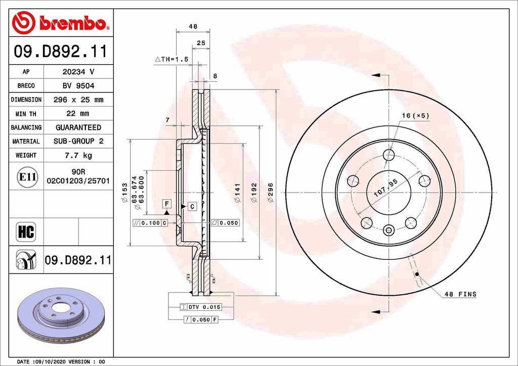 BRAKE DISC FRONT 296MM BREMBO VOLVO