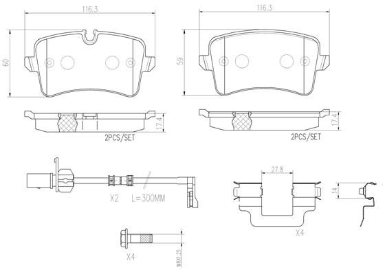 BRAKE PADS REAR WITH SENSOR BREMBO CERAMIC VAG