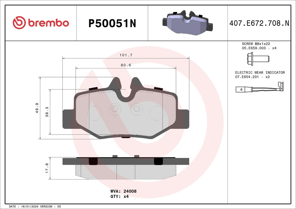 REAR PADS WITH SENSORS BREMBO CERAMIC MERC