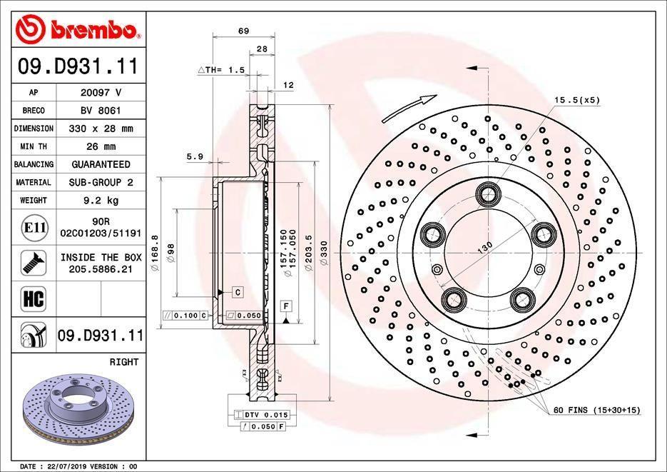BRAKE DISC FRONT 330MM RH BREMBO PORSCHE (CROSS DRILLED)