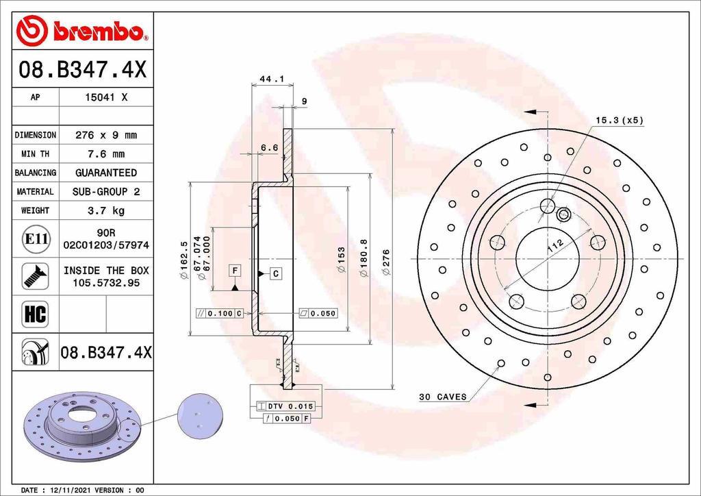 BRAKE DISC REAR 276MM BREMBO MERC (CROSS DRILLED)