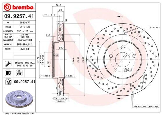 BRAKE DISC REAR 330MM BREMBO MERC (CROSS DRILLED)