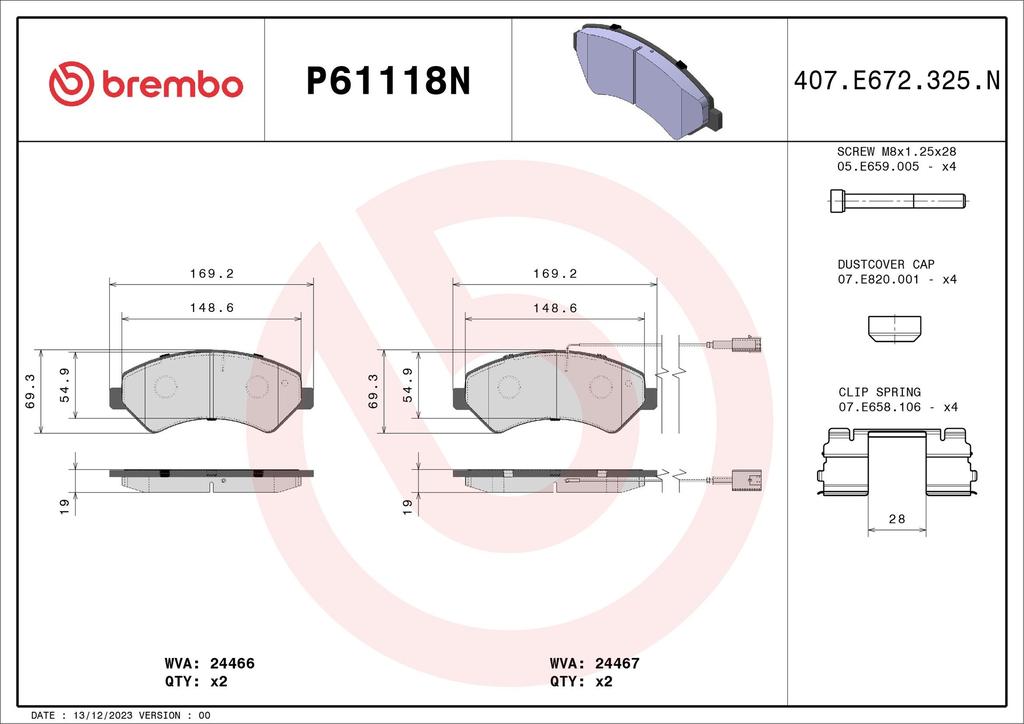 BRAKE PADS FRONT WITH SENSOR BREMBO CERAMIC FIAT