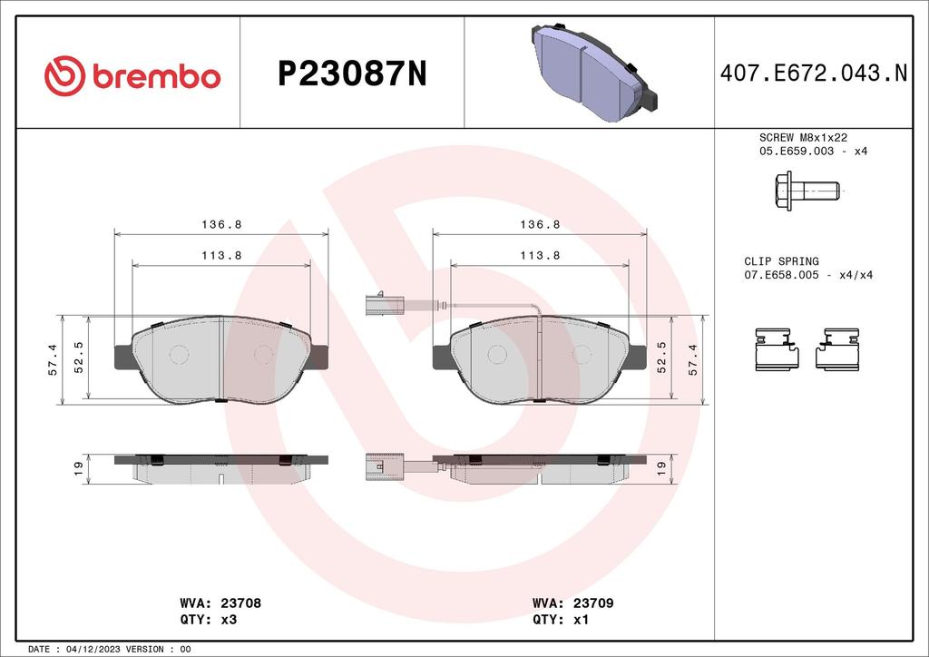 BRAKE PADS FRONT BREMBO CERAMIC FIAT
