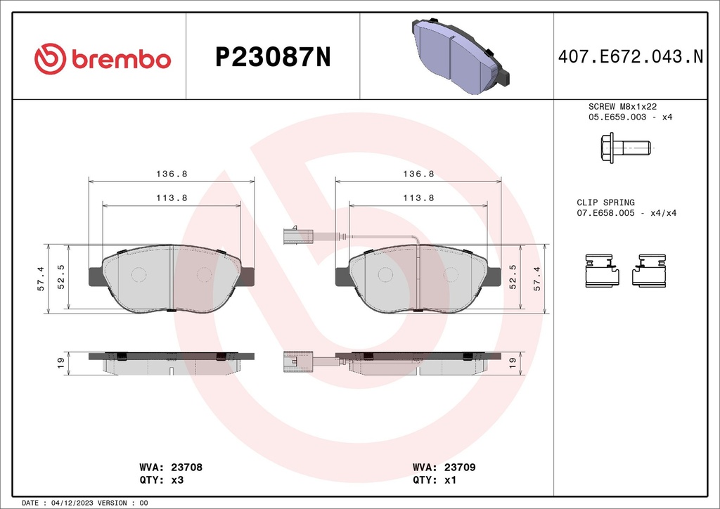 FRONT PADS BREMBO CERAMIC NAO TECH FIAT