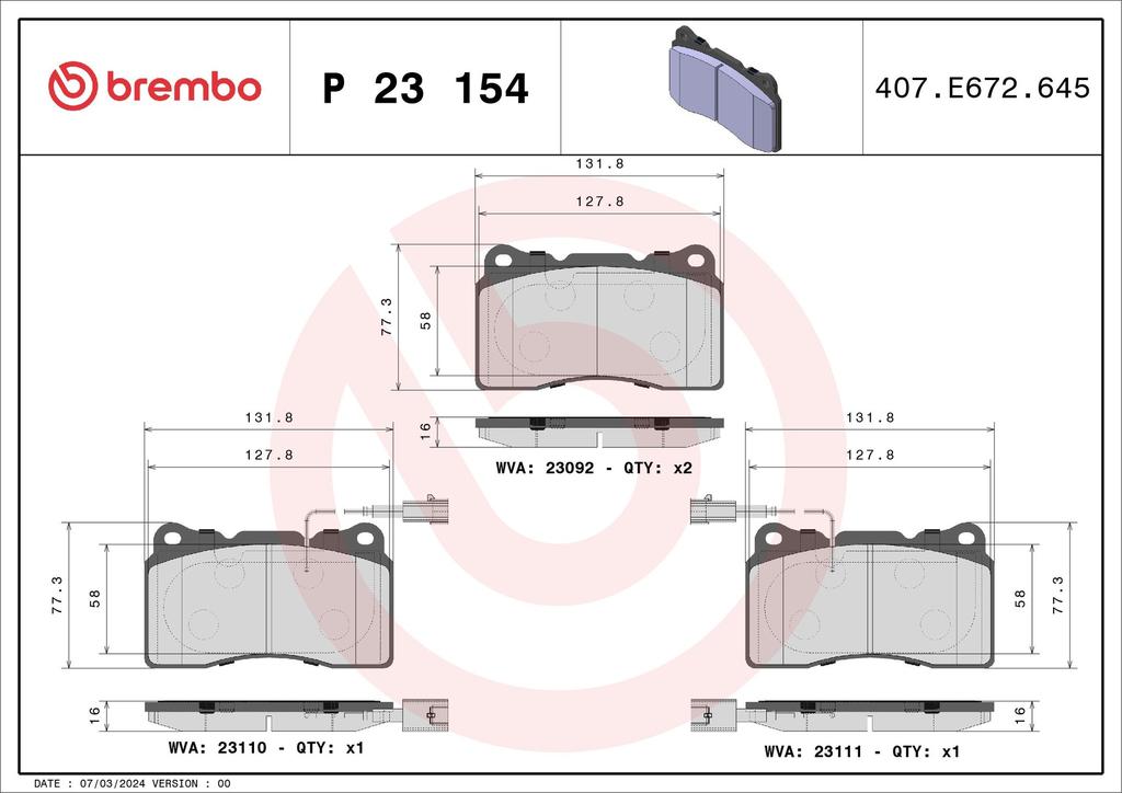 BRAKE PADS FRONT WITH SENSOR BREMBO ALFA