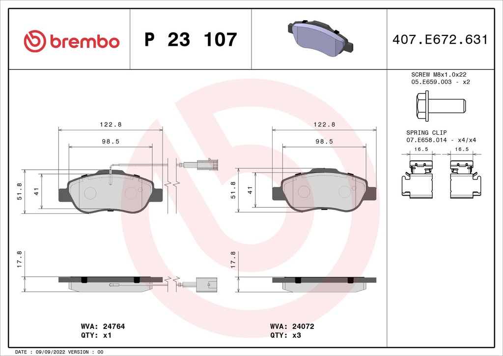 FRONT PADS W/SENSOR BREMBO FIAT