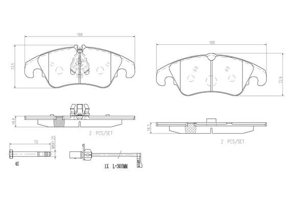 BRAKE PADS FRONT WITH SENSOR BREMBO CERAMIC VAG