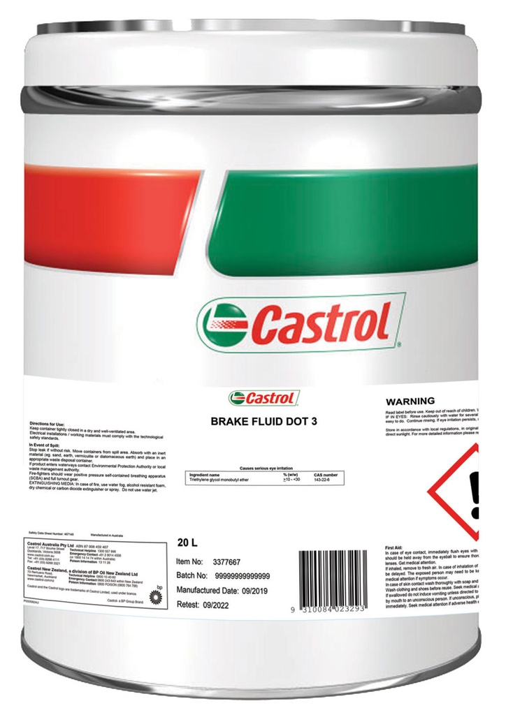 BRAKE FLUID 20L DOT 3 CASTROL