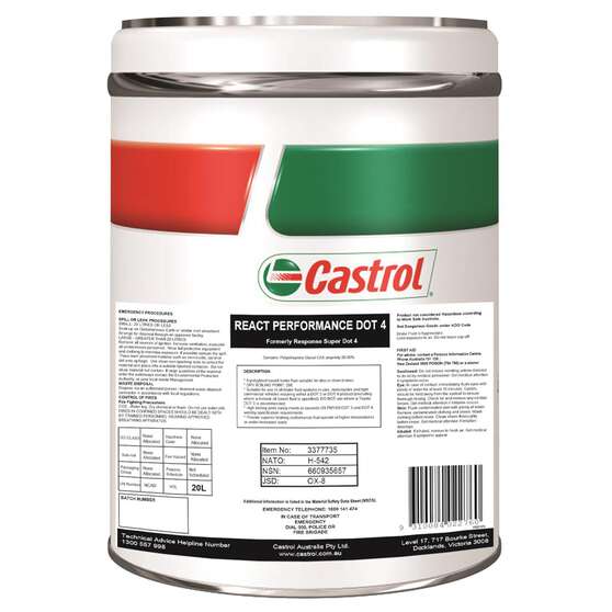 BRAKE FLUID 20L DOT 4 REACT PERFORMANCE CASTROL