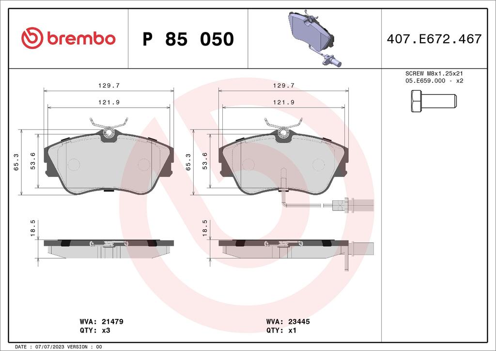 BRAKE PADS FRONT WITH SENSOR BREMBO VAG