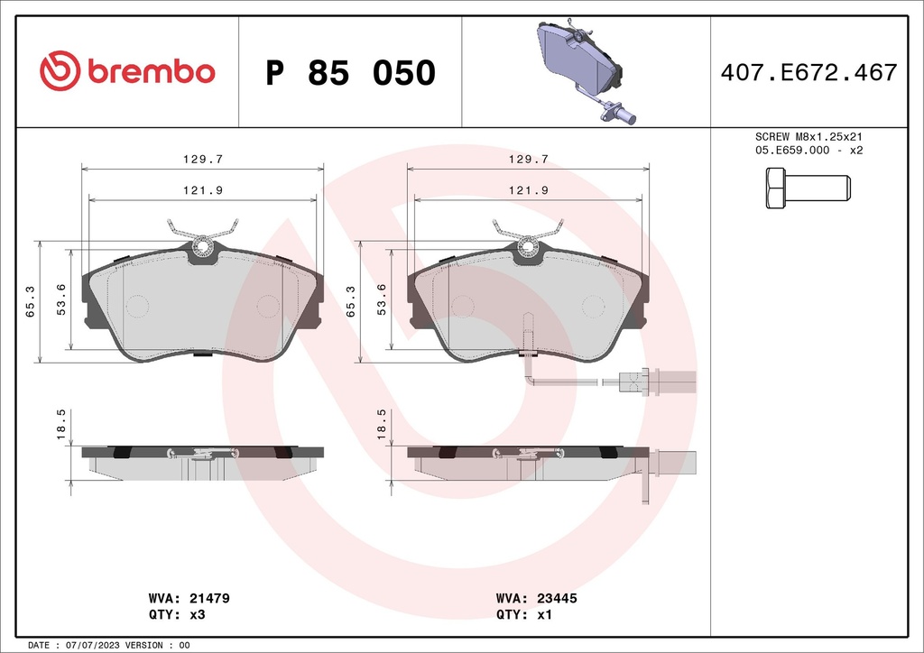 FRONT PADS WITH SENSOR BREMBO VAG
