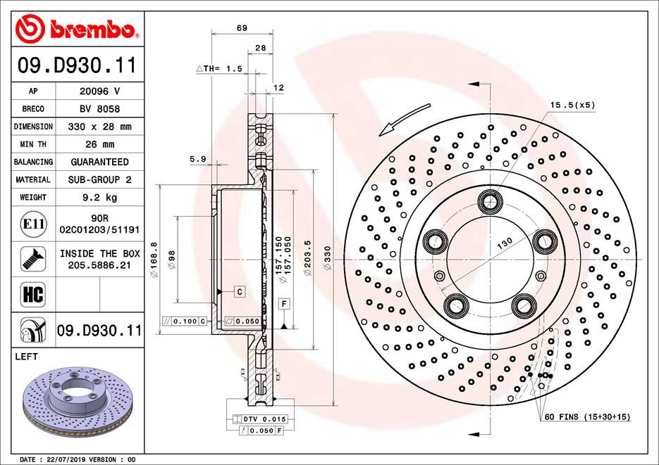 FRONT DISC 330MM LH XDRILLED BREMBO PORSCHE