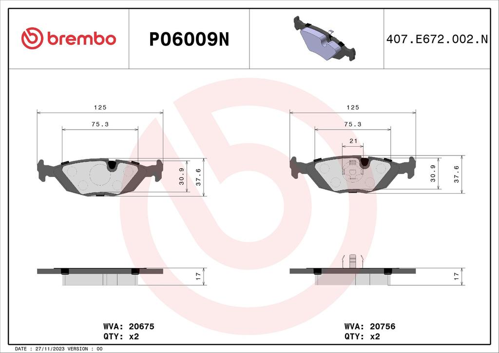 BRAKE PADS REAR BREMBO CERAMIC BMW