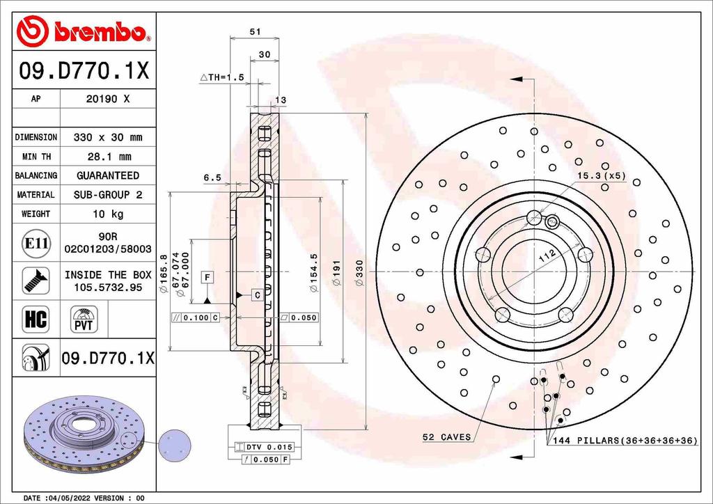 BRAKE DISC FRONT 330MM BREMBO MERC (CROSS DRILLED)