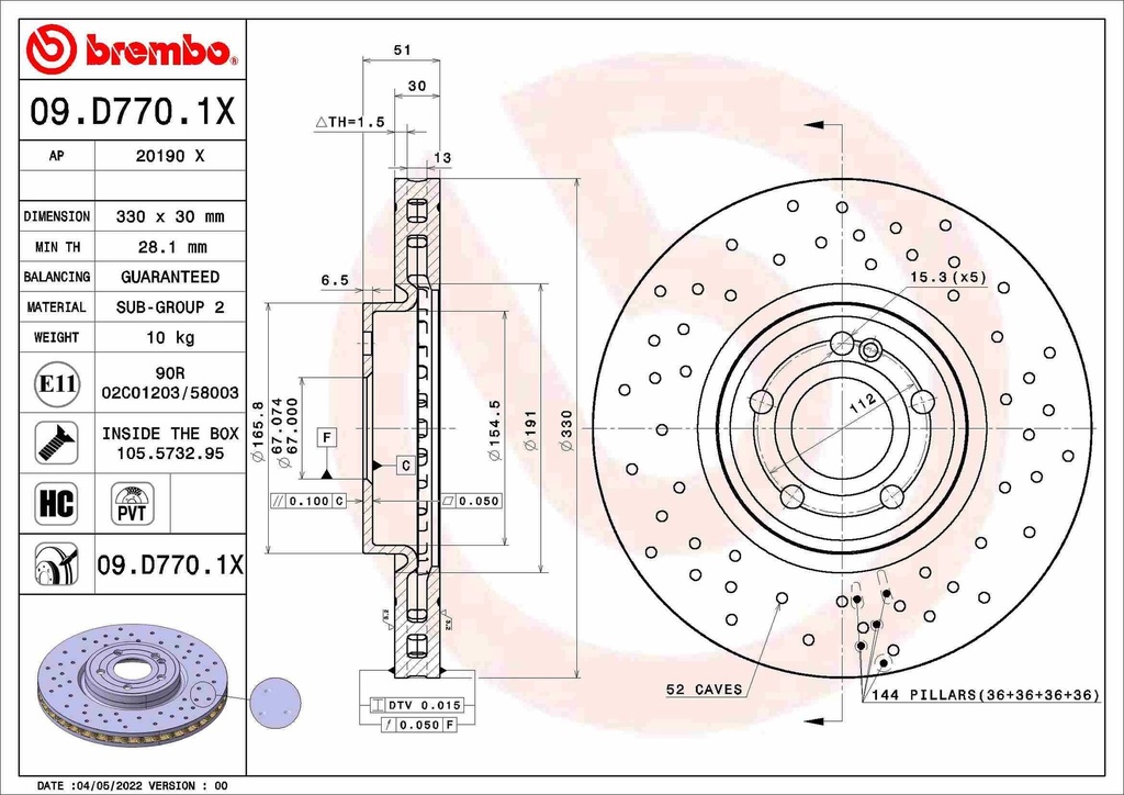 FRONT DISC 330MM CROSS DRILLED BREMBO MERC