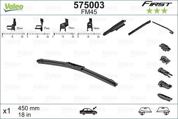 WIPER BLADE [FRONT] VALEO FIRST MULTICONNECTION [450MM 18 INCH - FLAT WIPER BLADE - ADAPTOR M+A+B+C INCLUDED] PNTBC