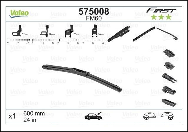 WIPER BLADE [FRONT] VALEO FIRST MULTICONNECTION [600MM 24 INCH - FLAT WIPER BLADE - ADAPTOR M+A+B+C INCLUDED] 575008