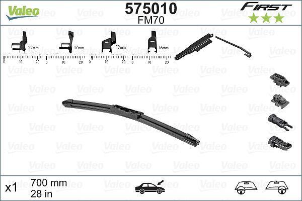 WIPER BLADE [FRONT] VALEO FIRST MULTICONNECTION [700MM 28 INCH - FLAT WIPER BLADE - ADAPTOR M+A+B INCLUDED] 575010