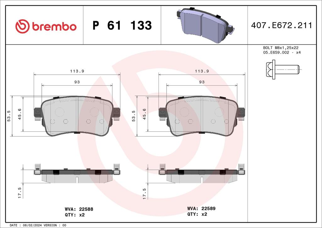 BRAKE PADS REAR BREMBO PSA