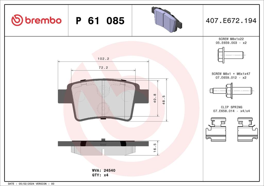 BRAKE PADS REAR BREMBO PSA