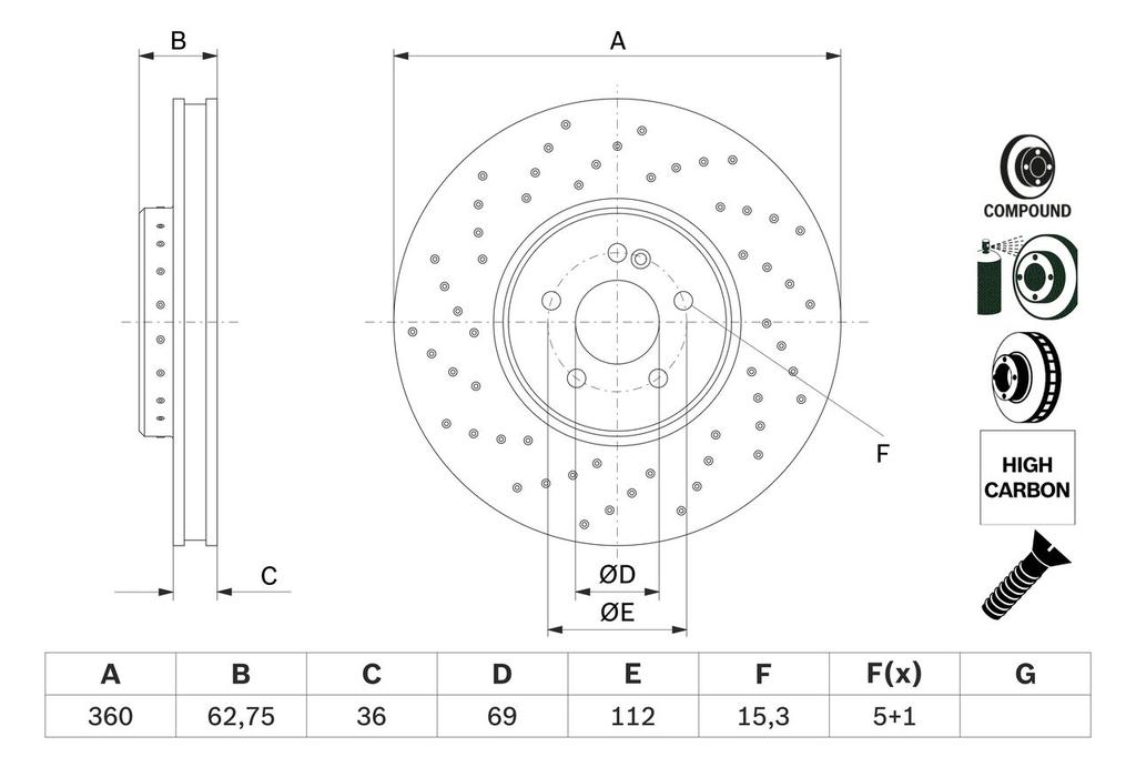 BRAKE DISC FRONT 360MM BOSCH MERC (178MM WITH HUB - CROSS DRILLED)