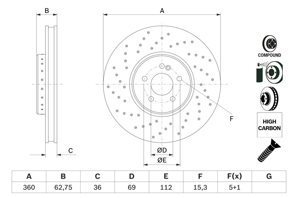 FRONT DISC 360MM CROSS DRILLED BOSCH MERC [178MM HUB]
