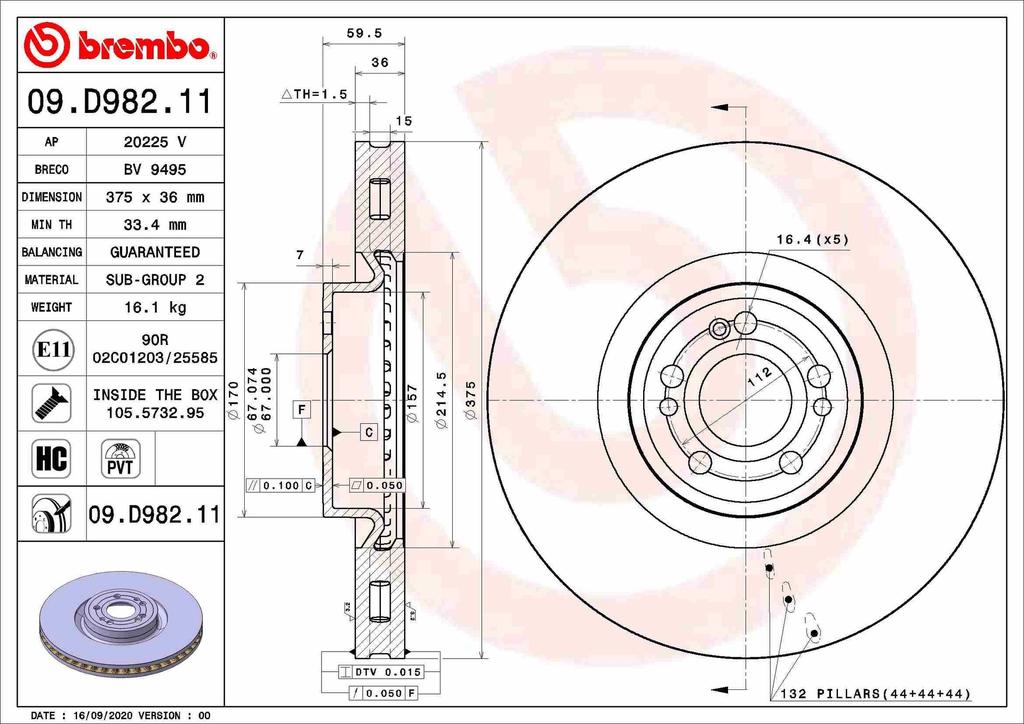 BRAKE DISC FRONT 375MM BREMBO MERC (PLAIN)