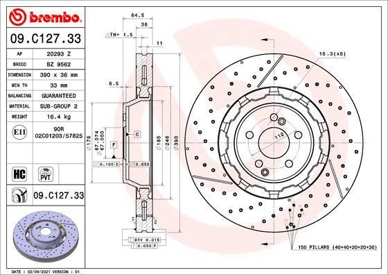 BRAKE DISC FRONT 390MM BREMBO MERC (CROSS DRILLED - SLOTTED)
