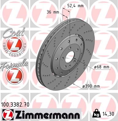FRONT DISC 390MM CROSS DRILLED NON-WAVE ZIMMERMANN VAG