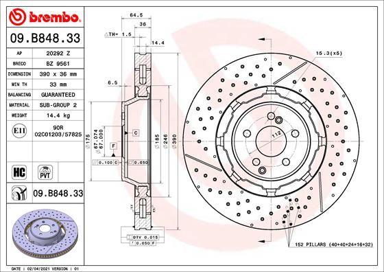 BRAKE DISC FRONT 390MM BREMBO MERC (CROSS DRILLED - SLOTTED)