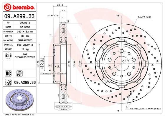 BRAKE DISC FRONT 360MM BREMBO MASERATI (CROSS DRILLED)