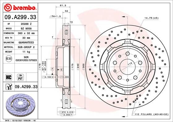 FRONT DISC 360MM CROSS DRILLED BREMBO MASER