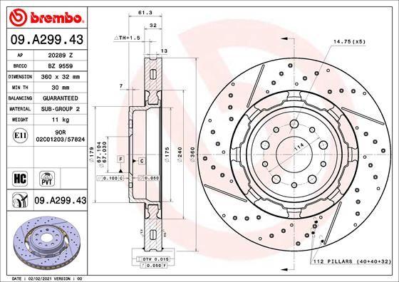 BRAKE DISC FRONT 360MM BREMBO MASERATI (CROSS DRILLED - SLOTTED)