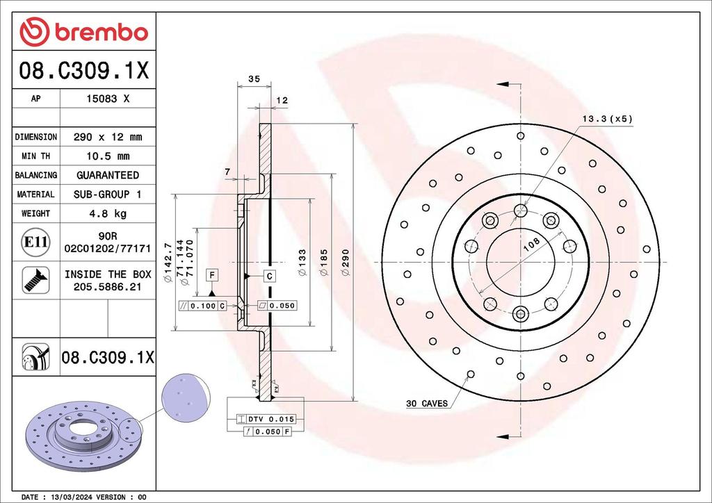 BRAKE DISC REAR 290MM BREMBO PSA (CROSS DRILLED)