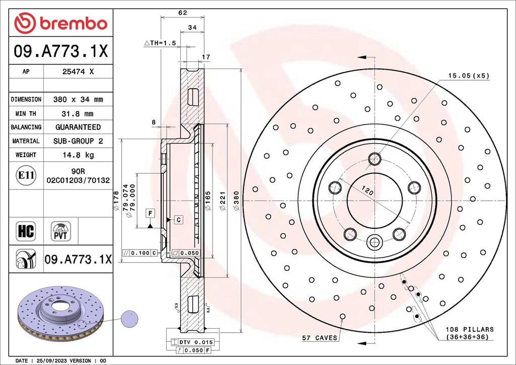 BRAKE DISC FRONT 380MM BREMBO LAND ROVER (CROSS DRILLED)