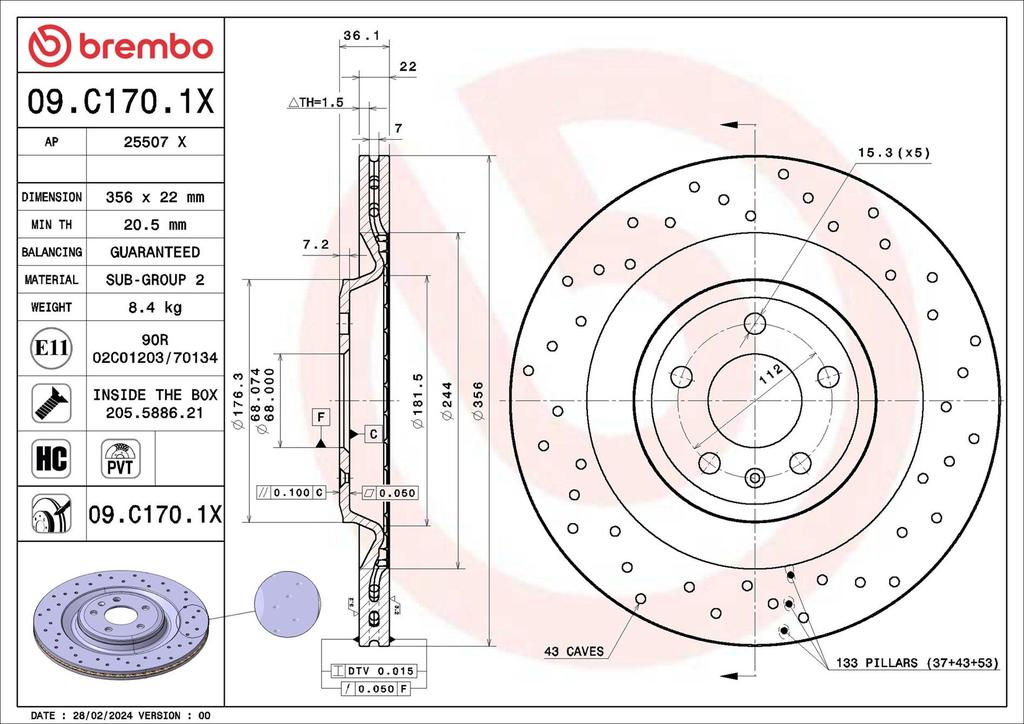 BRAKE DISC REAR 356MM BREMBO VAG (CROSS DRILLED)