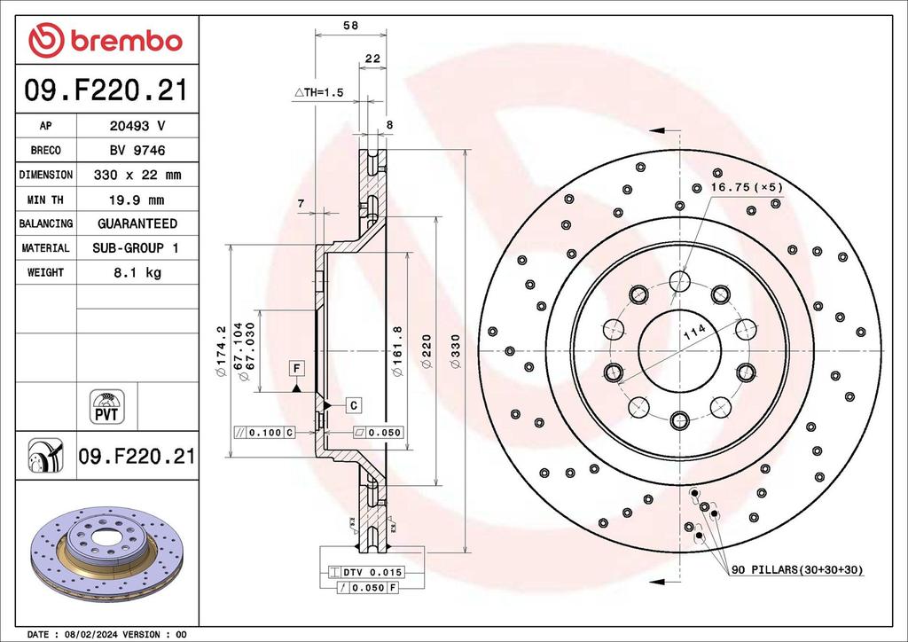 BRAKE DISC REAR 330MM BREMBO MASERATI (CROSS DRILLED)