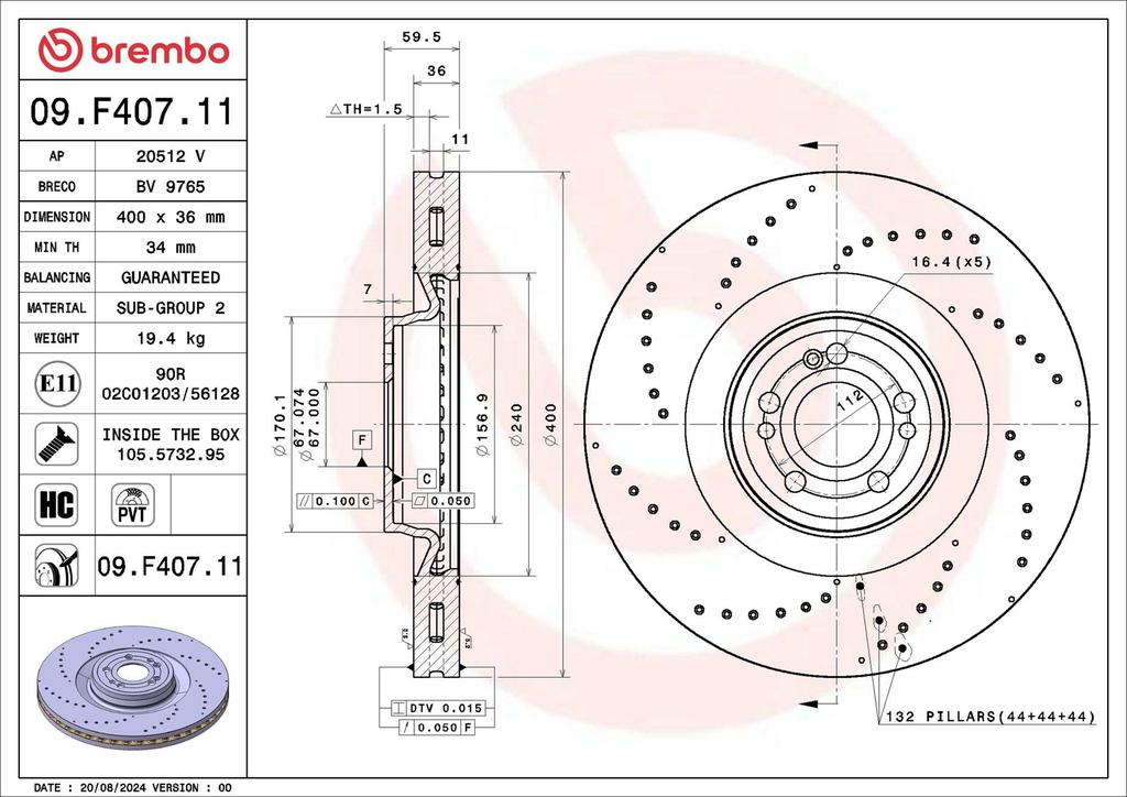 BRAKE DISC FRONT 400MM BREMBO MERC (CROSS DRILLED)